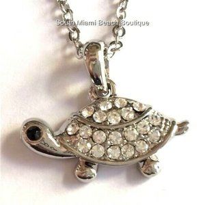 Turtle Necklace Crystal Silver Rhodium Plated 19" Sea Life Island Nautical